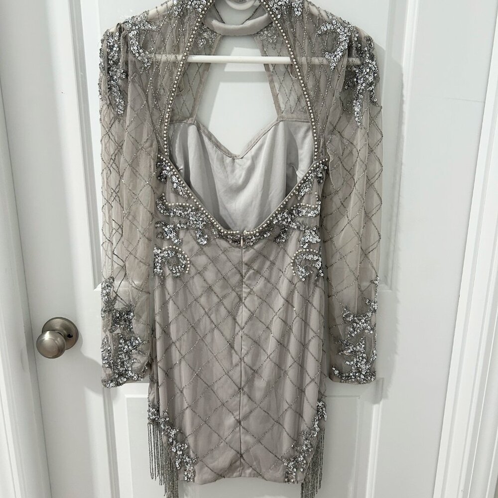Boohoo Beaded Tassel Silver Mini Dress Long Sleeve - Picture 6 of 12